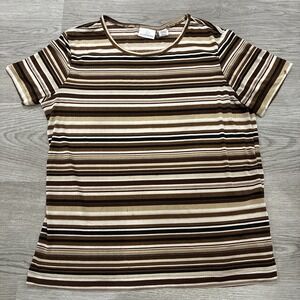 Jaclyn Smith Brown Beige Striped Short Sleeve Tshirt | Sz M | Polyester Spandex